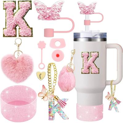 Inspire Select 9pcs Stanley Cup Accessories Set Silicone Boot, Butterfly Straw Cover, Spill Proof Stopper & Initial Charm Kit k Heart Pink 9pcs