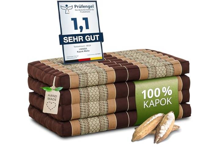 livasia Nachhaltige Klappmatratze aus Kapok - 200x80x8cm - Gästematratze, Faltbare Matratze für Van, ökologische Yogamatte, klappbares Gästebett, Liege für Garten und Balkon (Braun)