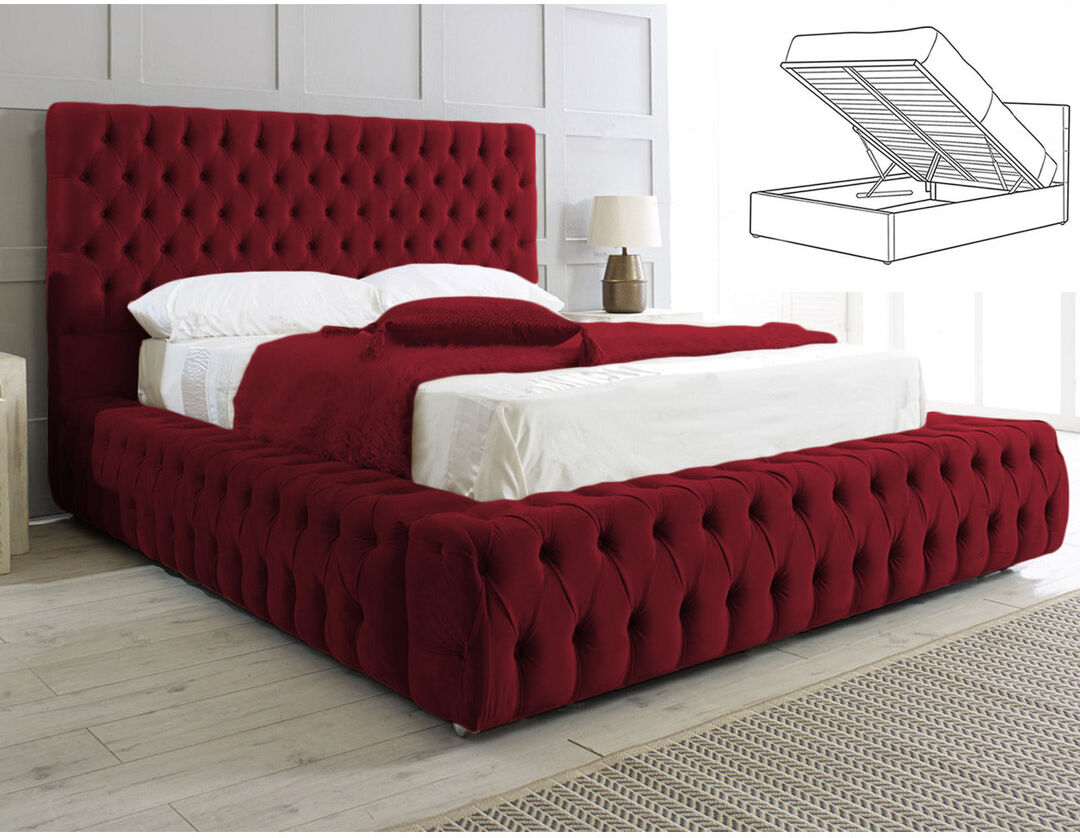 Britainsleep Elite Elegance Ambassador Ottoman Storage Bed - Premium Upholstered Velvet Bed Frame with Tall Headboard Burgundy Kingsize (5')