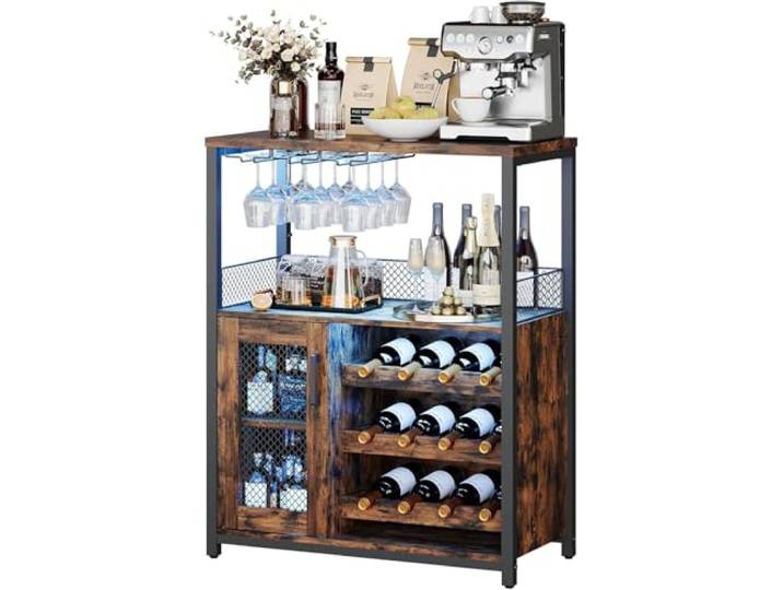 Litake Weinschrank mit LED-Beleuchtung und verstellbaren Einlegeböden, Kaffeebar-Schrank mit Gittertür und Lamellendesign, 91cm hoher Kleiner Bar-Schrank für zu Hause Küche Esszimmer Vintage Farbe