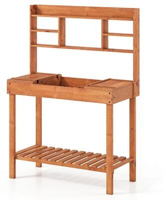 "Costway Wooden Potting Bench Table 61"" Garden Planting Workstation with 3-Tier Open Shelf-Brown"
