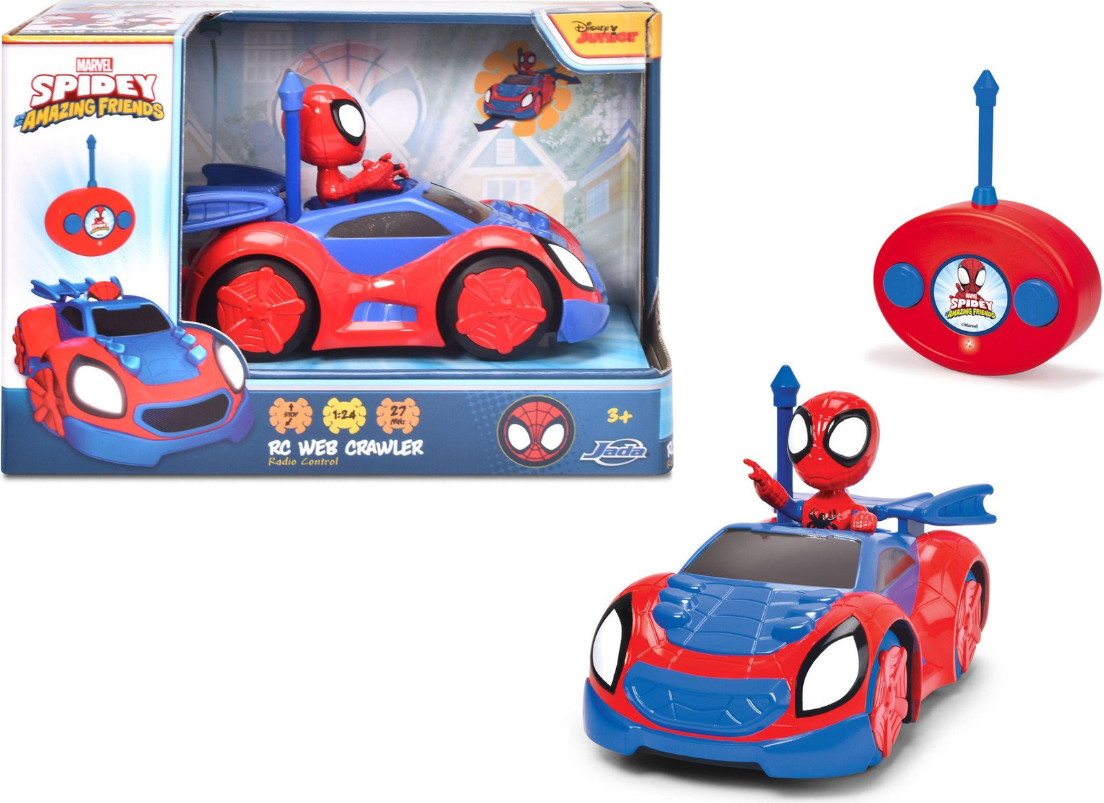 Jada Toys Marvel Spider-Man Spidey afstandsbedieningsauto schaal 1:24 met Spidey-figuur, 17 cm