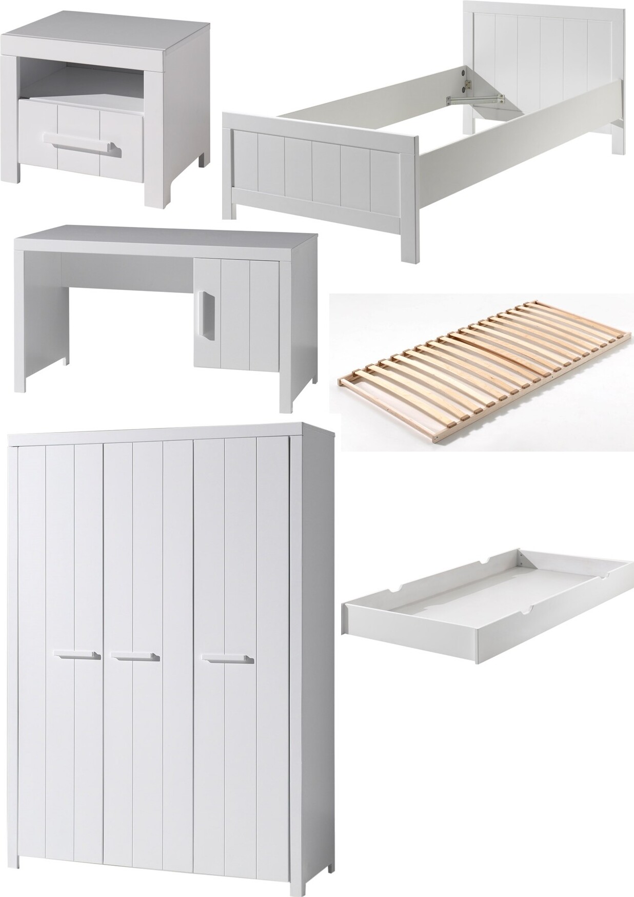 Vipack Kinderzimmer-Set Erik Einzelbett + Nachttisch + Schreibtisch + Ausziehbett + Lattenrost + 3-türiger Kleiderschrank