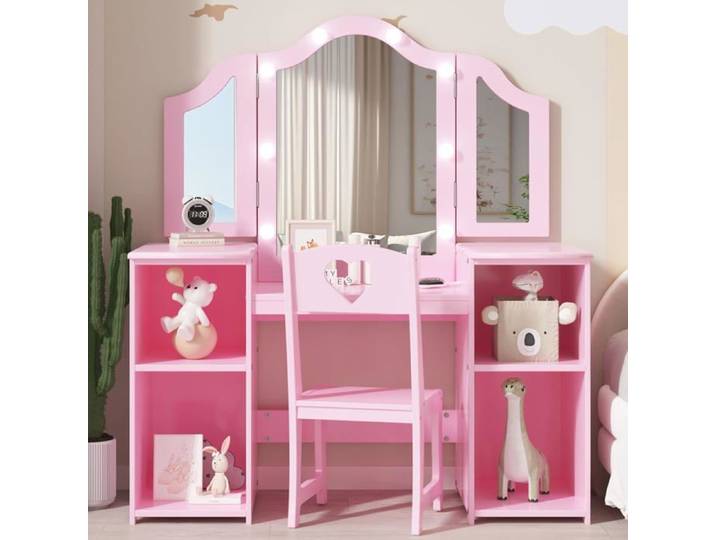 COIFFEUSE-coiffeuse enfant rose avec miroir triple et lumières led ensemble coiffeuse et tabouret en mdf coiffeuse princesse