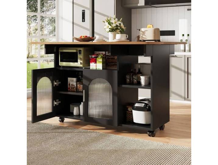 Îlot Central Cuisine Noir avec Table Pliante Portes Vitrées et Buffet de Rangement 120 cm-Norevia