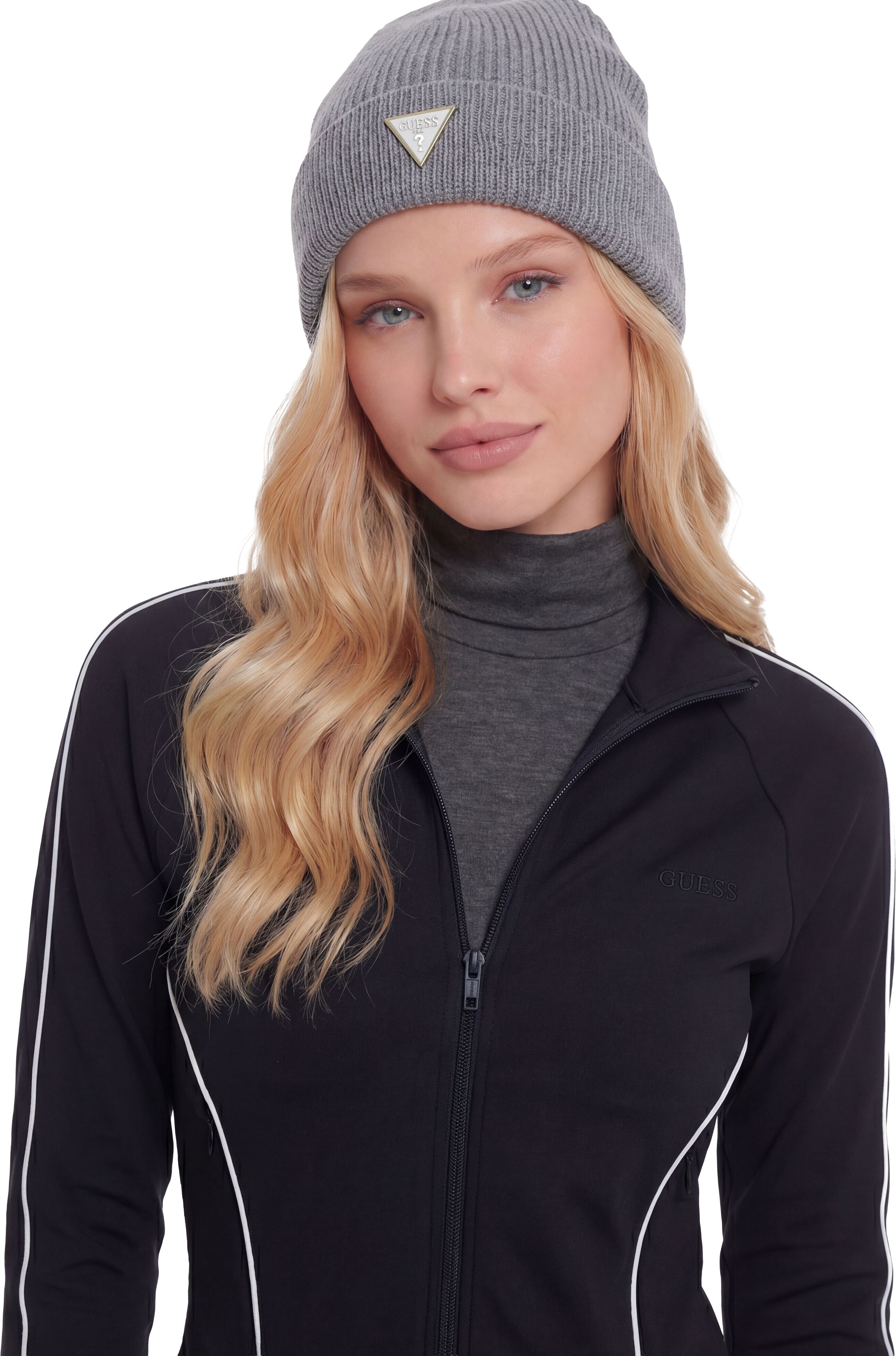 Strickmütze GUESS "BEANIE", Herren, grau, Strick, Kunstfaser, unifarben, Mützen Strickmütze, mit Markenlabel grau Einheitsgröße