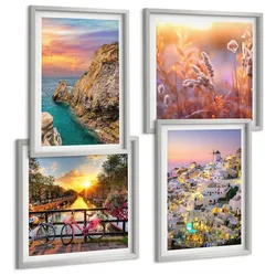 BILDER SET 4er Set - 50x50 cm & 40x60 cm Silberner Rahmen - Sonnenuntergänge am Meer