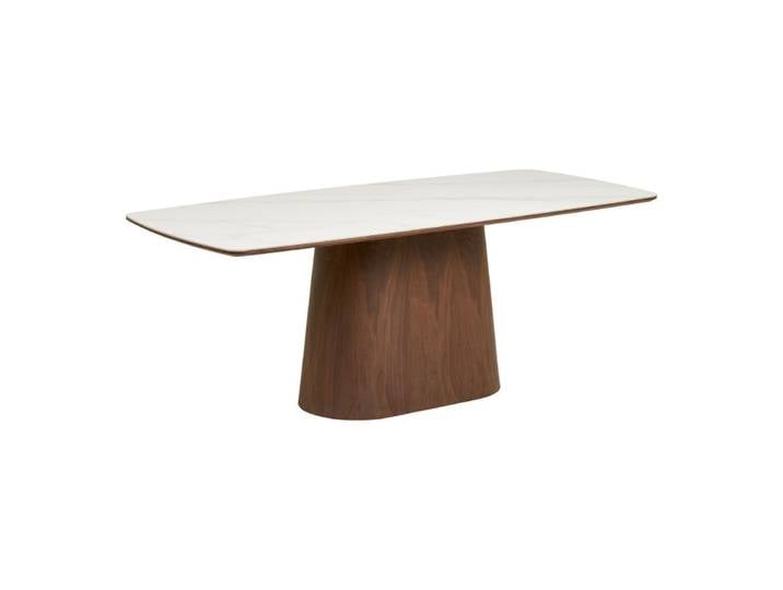 Table repas 200cm plateau aspect marbre pied placage frêne teinté