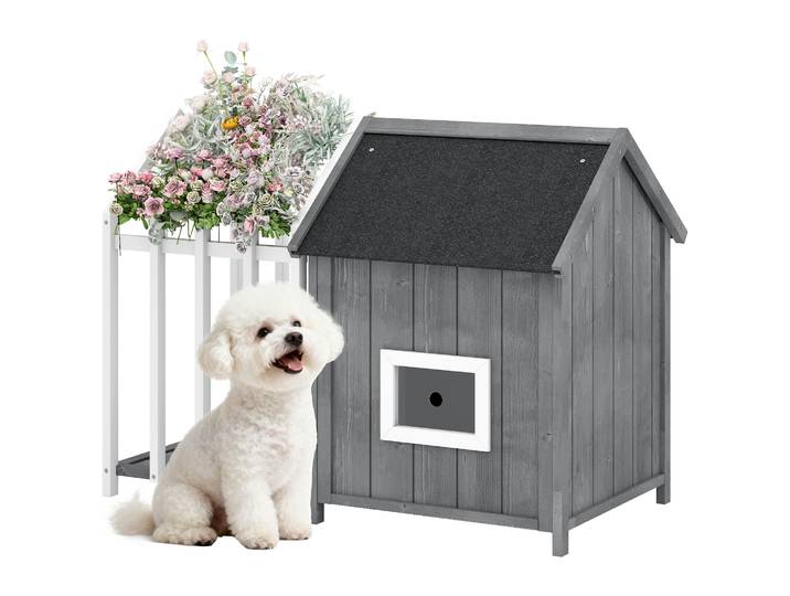 PawHut Niche pour chien extérieur en bois, avec terrasse et barrière, maison chien extérieur, porte à lamelles et toit pointu en