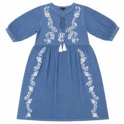 Nomad Sari On the Med Collection - Dress - Dusky Blue with Embroidery & Tassels (L-XL)