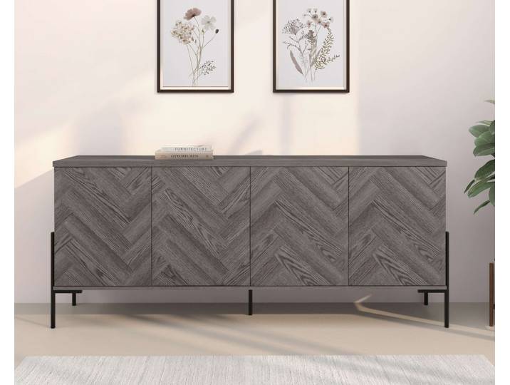 Sideboard OTTO HOME Eadwine , grau (weiß eiche), B:175cm H:75cm T:38cm, MDF, Sideboards, Sideboard, Kommode, Push-to-open, Türen mit Fischgräten Muster, Breite 175 cm