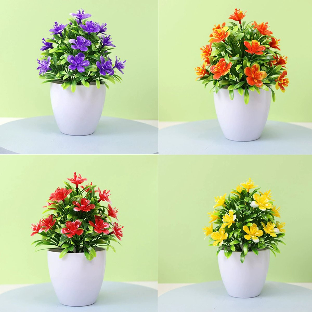 Oemmn Set van 4 levensechte mini-kunstbloemen voor decoratie, Paars, Oranje, Rood en Geel, 15 cm