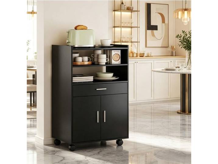 VUENOR Desserte de cuisine micro-ondes sur roulettes MDF noir 59 x 40 x 92 cm – 1 tiroir 2 portes