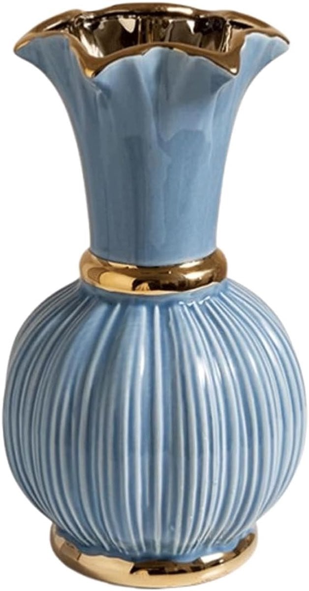 Blauw-witte keramische vaas met gouden rand voor decoratie tot 24 cm