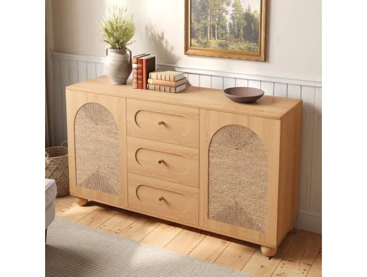Merax Sideboard 140x40x80cm, mit Seilgeflecht-Türen, 2 Türen, 3 Schubladen, Kieferholz-Kugelfüßen – Holzfarbe