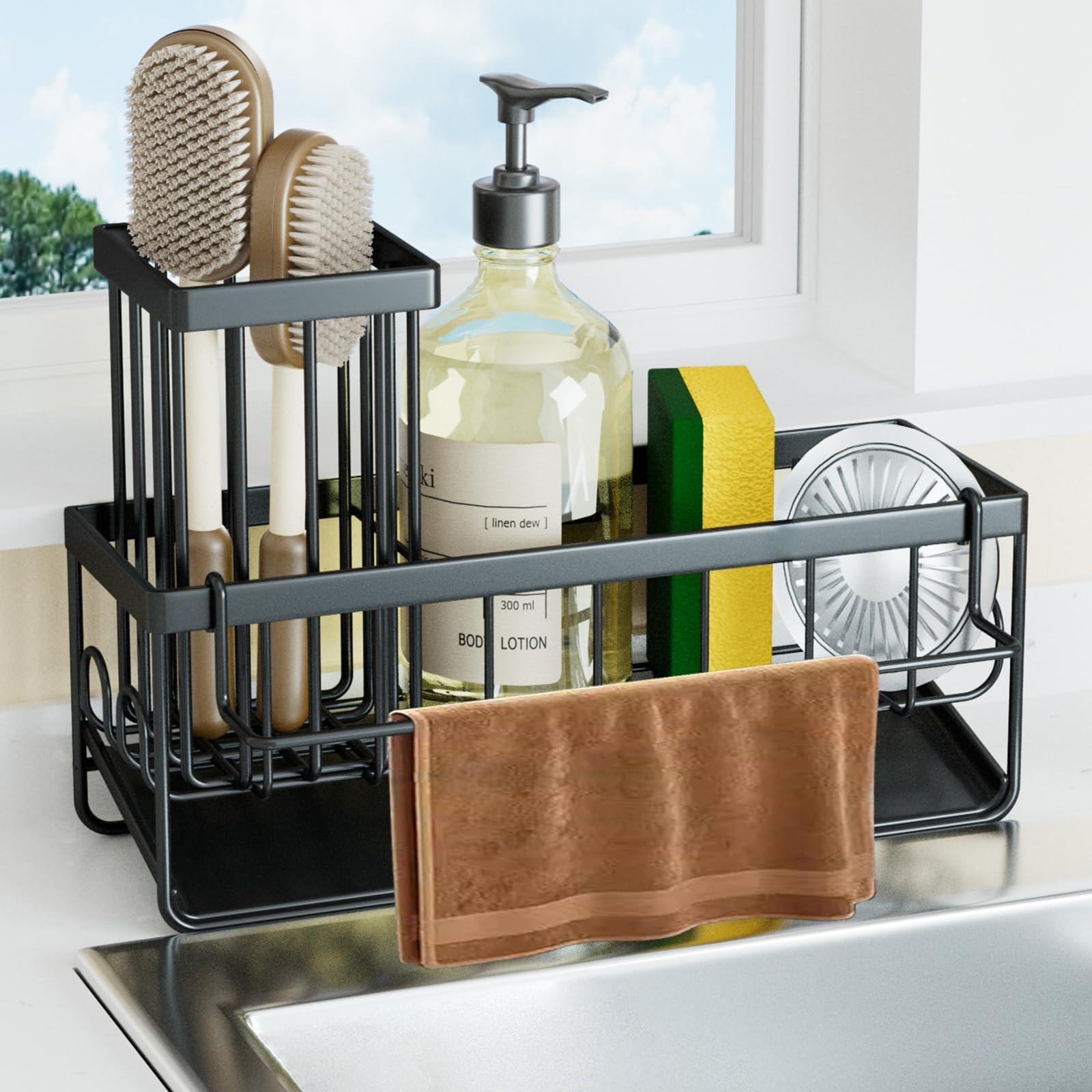 Ruimtebesparende spoelbakorganizer met afvoer voor keuken en badkamer, wit en grijs