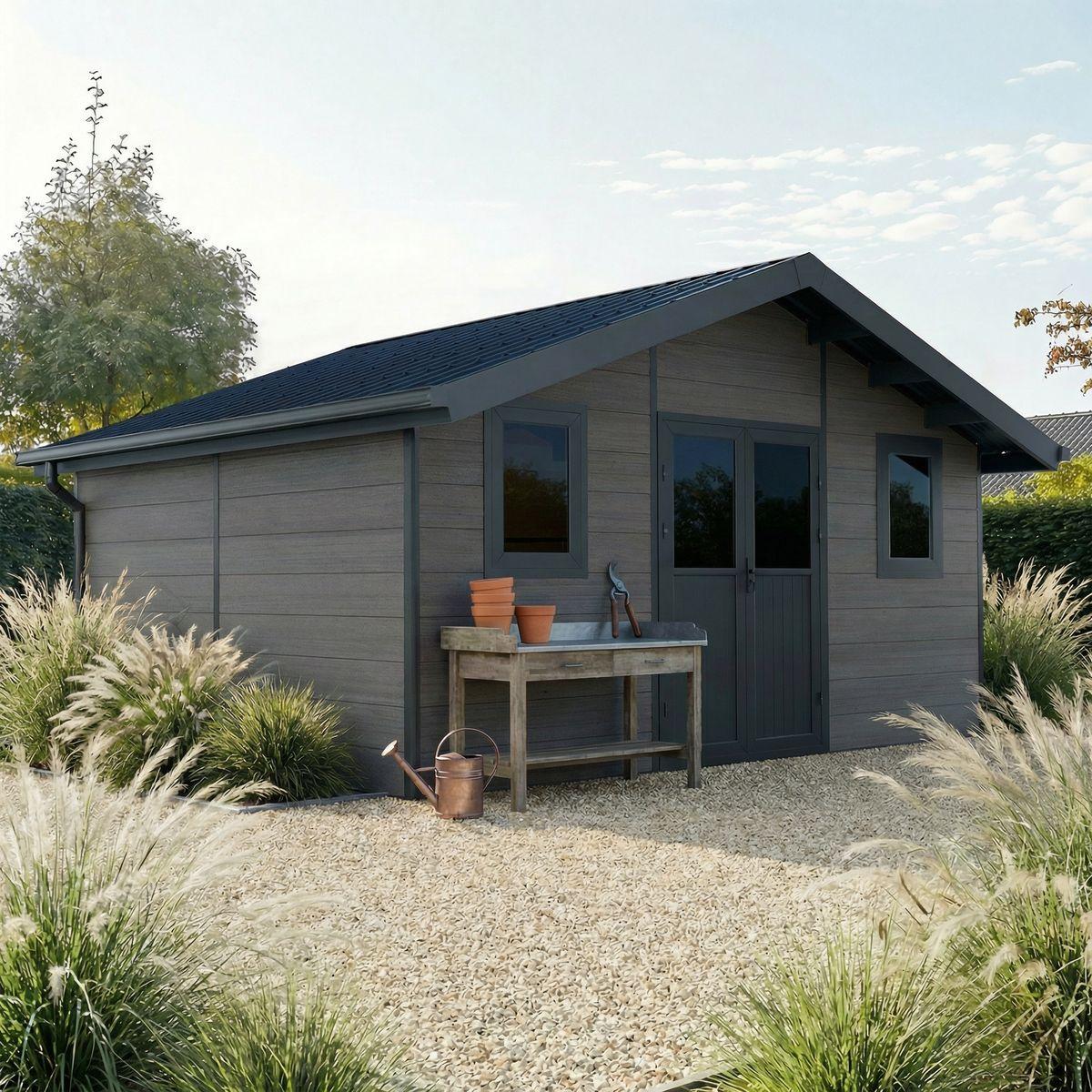 WPC Gartenhaus ISORA - 20 m² - Grau - Wandstärke: 28 mm - Erweiterung - Gartenhaus - Lokal - Doppelverglasung