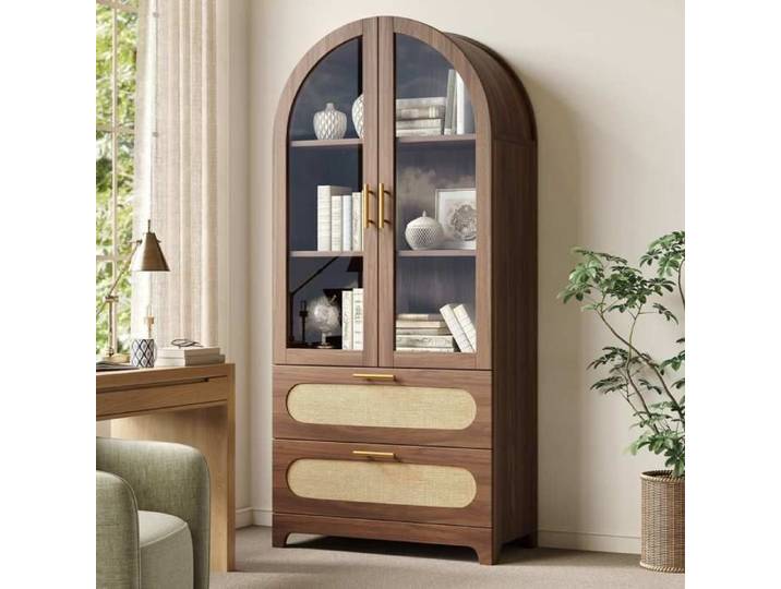 Vitrine armoire verre 80x40x175cm Meuble de rangement Buffet haut bibliothèque Style rétro avec 2 portes 2 tiroirs - noyer