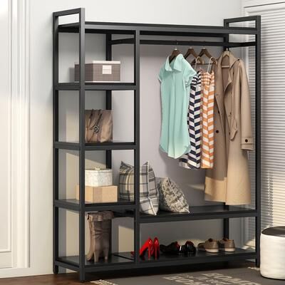 1Easylife Industrial Clothing rack with shelves, 5-Tier Heavy Duty Garment Rack Closet Organizer System with Hanging Rod