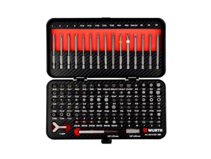 Würth Bitset koffer, 105-delig, uitgebreid 1/4 inch bitassortiment met de meest gangbare standaard- en veiligheidsbits in korte en lange uitvoering, bitbox-bitset