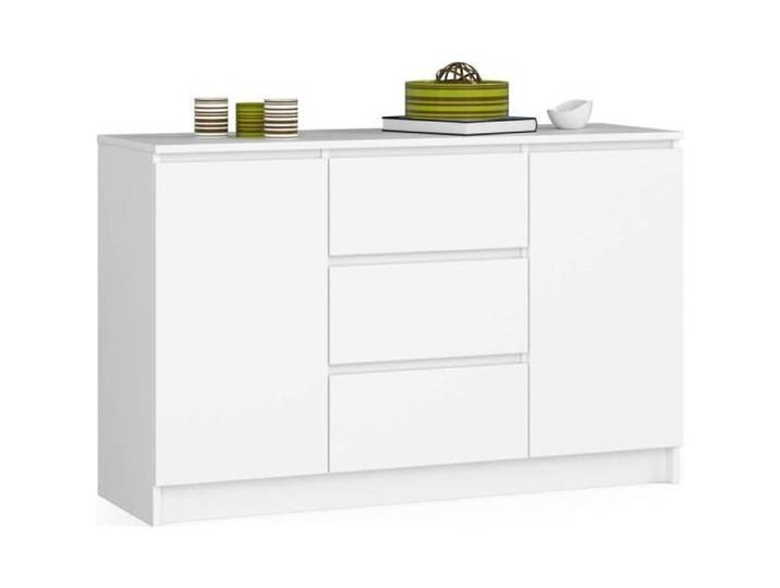 Commode AKORD K016 Blanche 120 cm 2 portes 3 tiroirs façade Blanche 4 étagères 120x40x77 cm