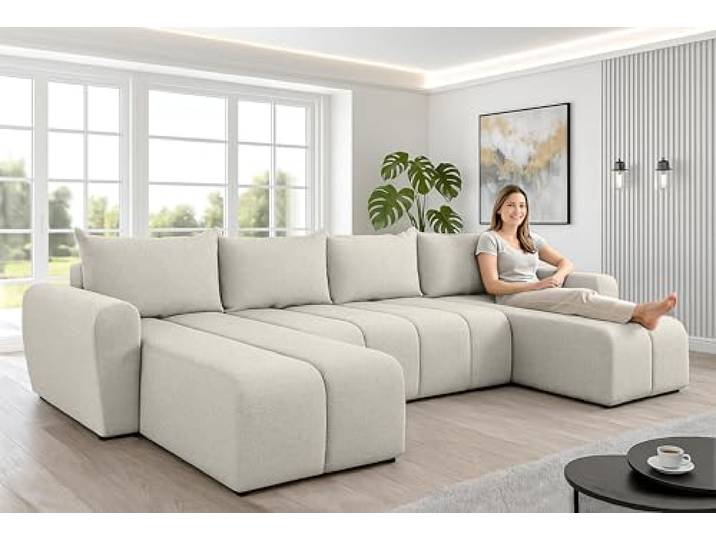 AXLIVING Ecksofa Ferrande 317 cm beige, Schlaffunktion Schlaffunktion mit DL-Automat und 275 x 130 cm Liegefläche. Integrierter Bettkasten. Wellenunterfederung und T30-Schaum.