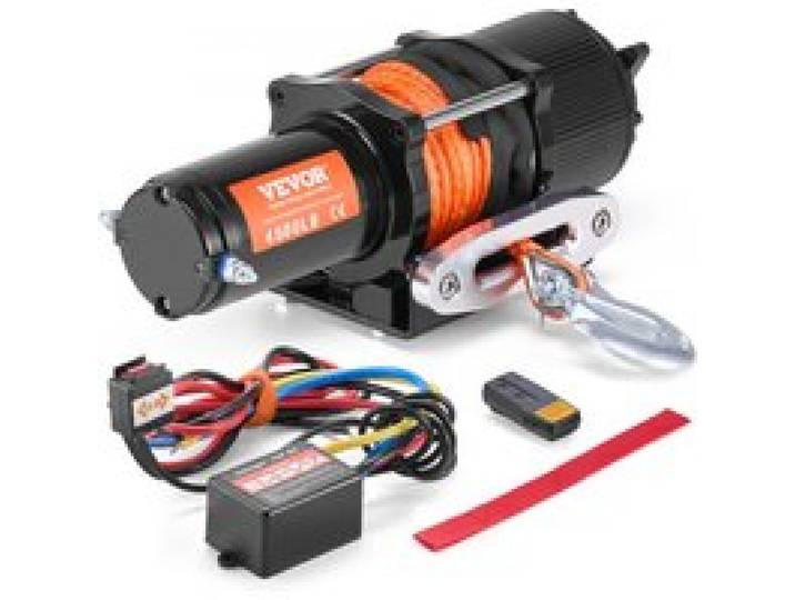 VEVOR Elektrische Seilwinde, 2048 kg Zugkraft, 12 V Gleichstrom für Geländefahrzeuge/UTVs, mit 12-strängigem Synthetikseil (Φ1/4 Zoll x 39 Fuß), Aluminium-Seilführung, Fernbedienungen, IP55-Wasserbeständigkeit