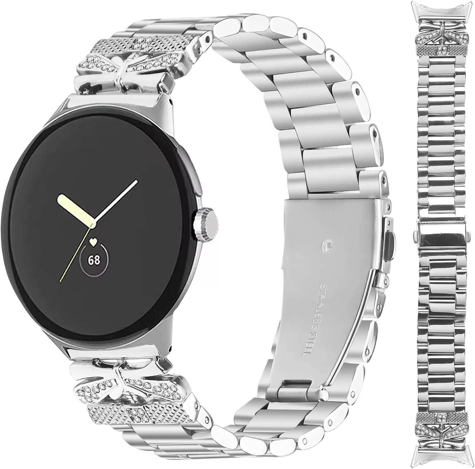 INF Funkelndes Schmetterling Google Pixel Watch Armband mit drei Strasssteinen Silber