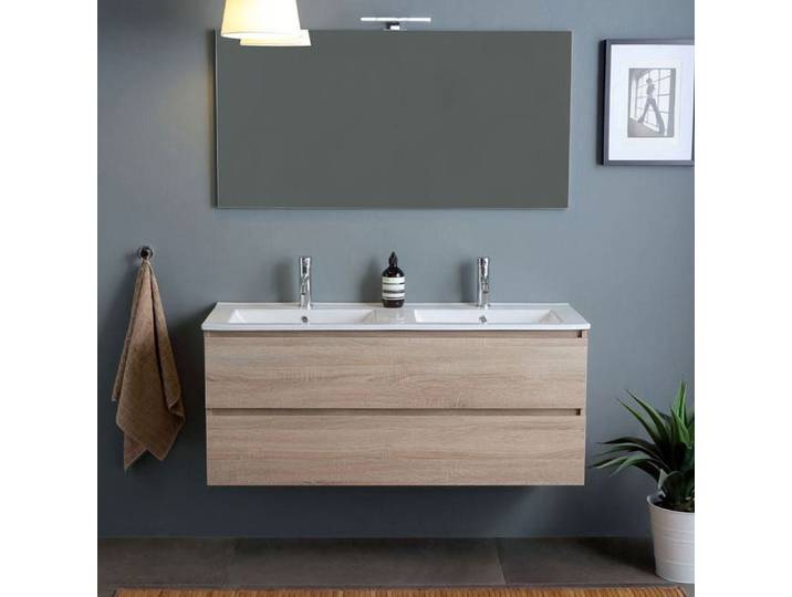DOUBLE LAVABO MURAL MEUBLE DE SALLE DE BAIN AVEC TIROIRS CHÊNE NATUREL 120CM BERLIN