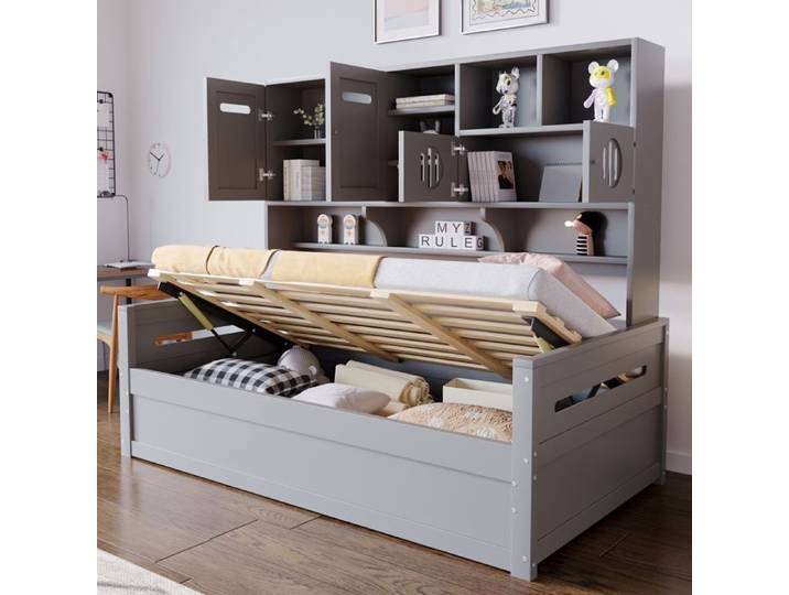 Lit Banquette 90x200 cm - Lit Simple avec Coffre de Rangement Lit Multifonction enfant Ado en Bois Massif Gris