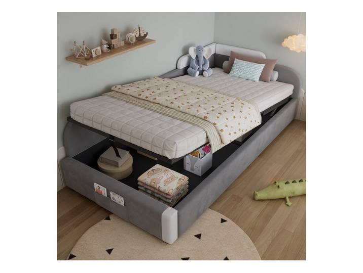 KEFEYA Polsterbett Kinderbett mit hydraulischem Stauraum (Fallschutz & Aufbewahrungstasche – gepolstertes Samt-Einzelbett mit Sicherheitsgitter für Kinderzimmer, Jugendzimmer & Kinder, Grau, 1-tlg., 90x200cm)
