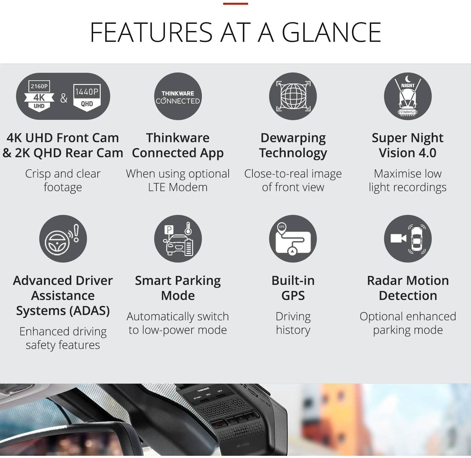 Thinkware U3000 PRO Dash Cam - 4K UHD 2160p Front Car Camera - Built-in GPS, Super Night Vision 4.0, Hardwire Lead For Battery Safe Radar Parking Mode - 64GB SDCard - Android/iOS App