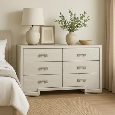 Benjara Basil 6 Drawer Wide Dresser, Rustic White Solid Wood, Cedar Lining