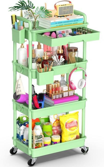 Benza Multifunctionele opbergwagen met lade en vergrendelbare wielen, groene 4-laags organizer voor keuken, badkamer en kantoor