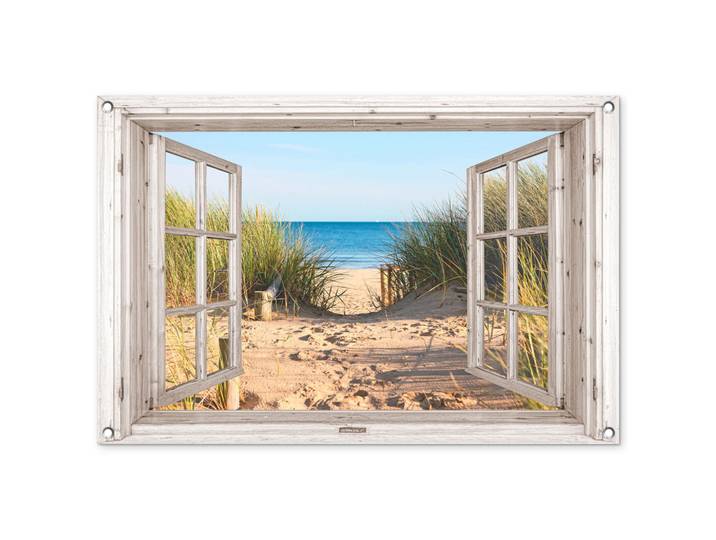 OnlyWow Gartenposter - Durchblick - Strand - Meer - Dünen - Sand - Wasser - Hochgras - 90x60 cm, Sandfarben, Kunststoff, Rechteckig, 90x60x0.2 cm, Bilder & Rahmen, Bilder, Wandbilder