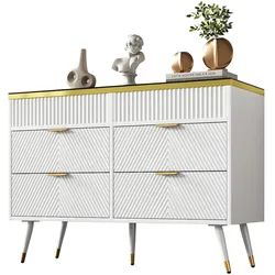 MODFU Kommode Sideboard 120x40x76 cm Weiß mit 6 Schubladen Glasoberfläche und Metallelementen Push to open Trennwänden Bodenfreiheit 20 cm