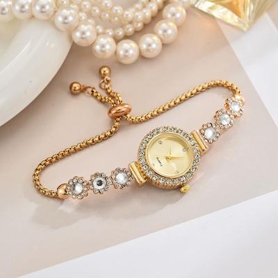 Fashion Sheath Elegant Floral Rhinestone Bracelet Watch For Women Crystal Dress Wristwatch gold