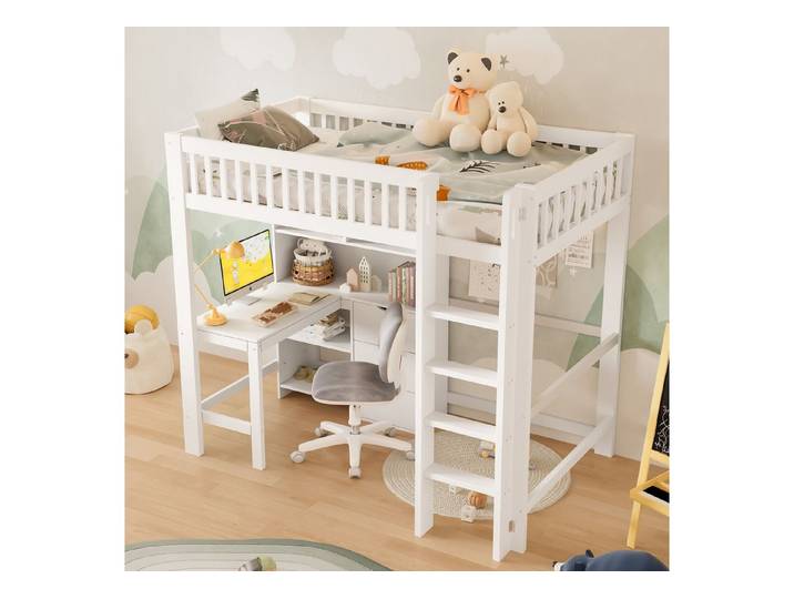 HAUSS SPOLE Hochbett 90x200 mit Schreibtisch,Jugendbett Stauraumbett mit Geländer®al (Doppeltür mit Stauraum für Kleidung & Accessoires, Modernes Design, 70 x 40 x 170 cm)