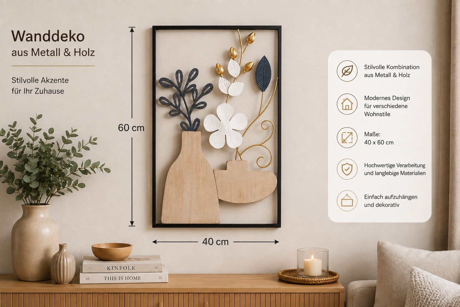 Wanddekoobjekt OTTO HOME "Wanddeko, filigrane Blüten für jeden Wohnstil", braun, B:40cm H:60cm T:2cm, Metall, Wanddekoobjekte, Wanddekoobjekt, Wohnaccessoire, Kombination aus Metall und Holz, 40x60cm