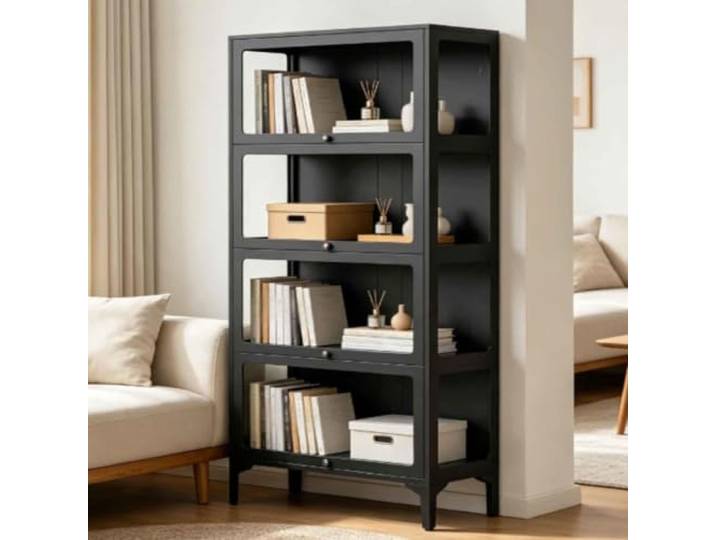 Gavoir Vitrine Glas Stehend Schwarz Metall 4-Lagen 32x78x165cm Sammlervitrine Vitrinenschrank Küche Wohnzimmer Glasvitrine