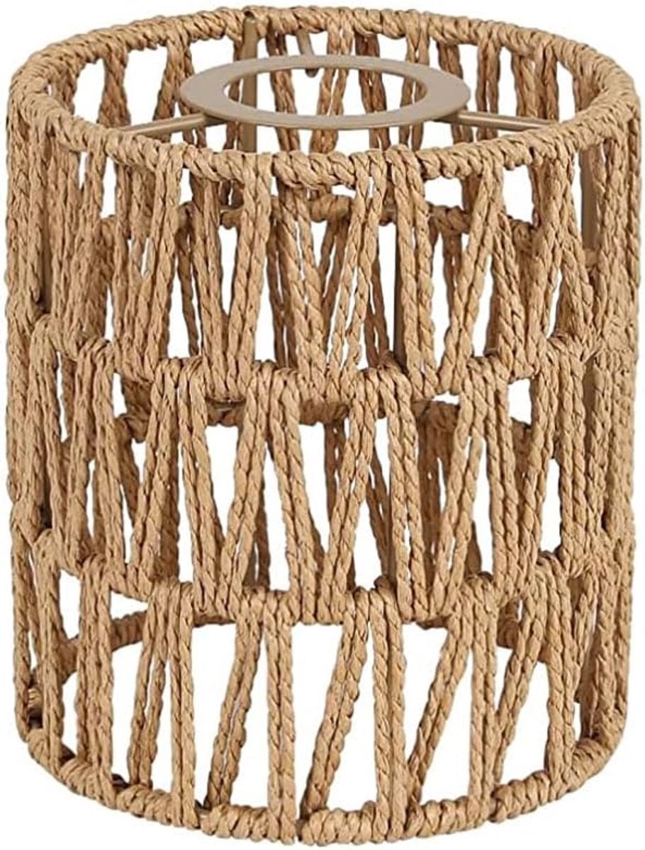 Handgeweven decoratieve lampenkap van gevlochten papier en touw in beige en bruin, Boho stijl, Cilinder