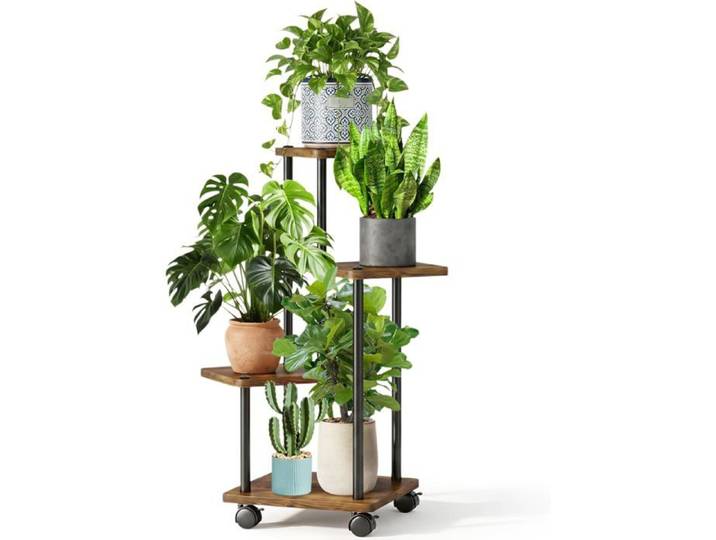 Support Plantes Intérieur 5 Niveaux à Roulettes Étagère Métal Marron Mobile pour Salon Jardin et Extérieur