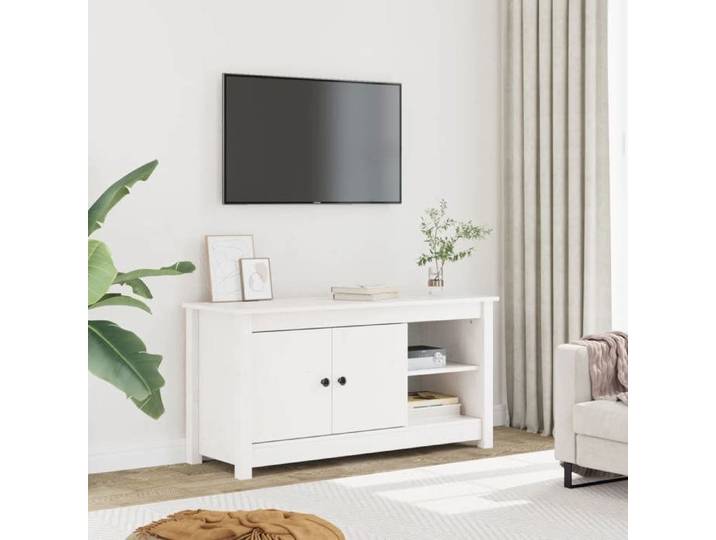 (Blanc)Meuble TV - SIGNOR - Table Télévision en bois Blanc 103x36 5x52 cm Bois pin massif 120119
