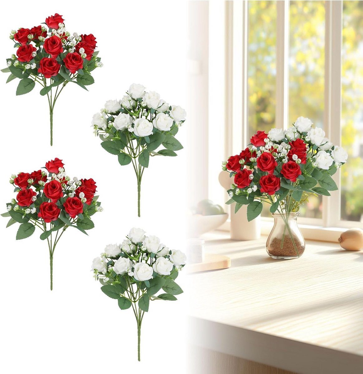 Set van 4 realistische kunstrozen in wit en rood voor decoratie