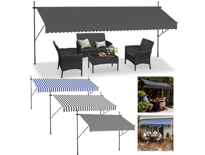 Auvent articulé pour balcon, sans perçage, avec manivelle, protection UV, hauteur réglable, revêtement PU, pour balcon, terrasse, jardin, protection solaire, bleu et blanc 200x120cm