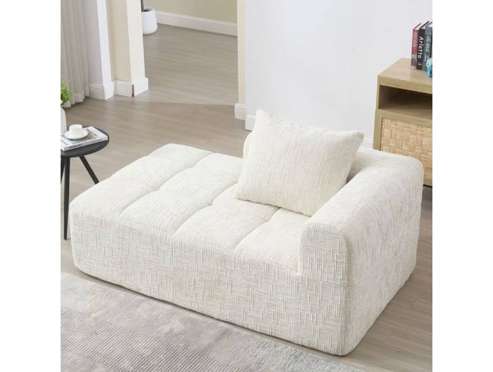 Canapé Compressé 1 Place en Chenille Beige Chaiselongue 130 cm sans Montage