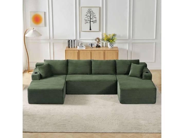 Canapé 6 places en U coloris vert revêtement en velours côtelé modulable sans structure rigide sans montage nécessaire