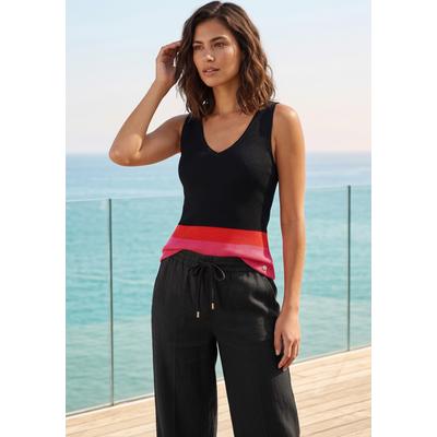 Stricktop BRUNO BANANI, Damen, Gr. 40/42, bunt (schwarz, pink), Rippstrick, Obermaterial: 70% Viskose, 30% Polyamid, figurbetont hüftlang, tiefer V-Ausschnitt, Tops Stricktop, figurbetonte Passform, tiefer V-Ausschnitt, Colorblock-Design