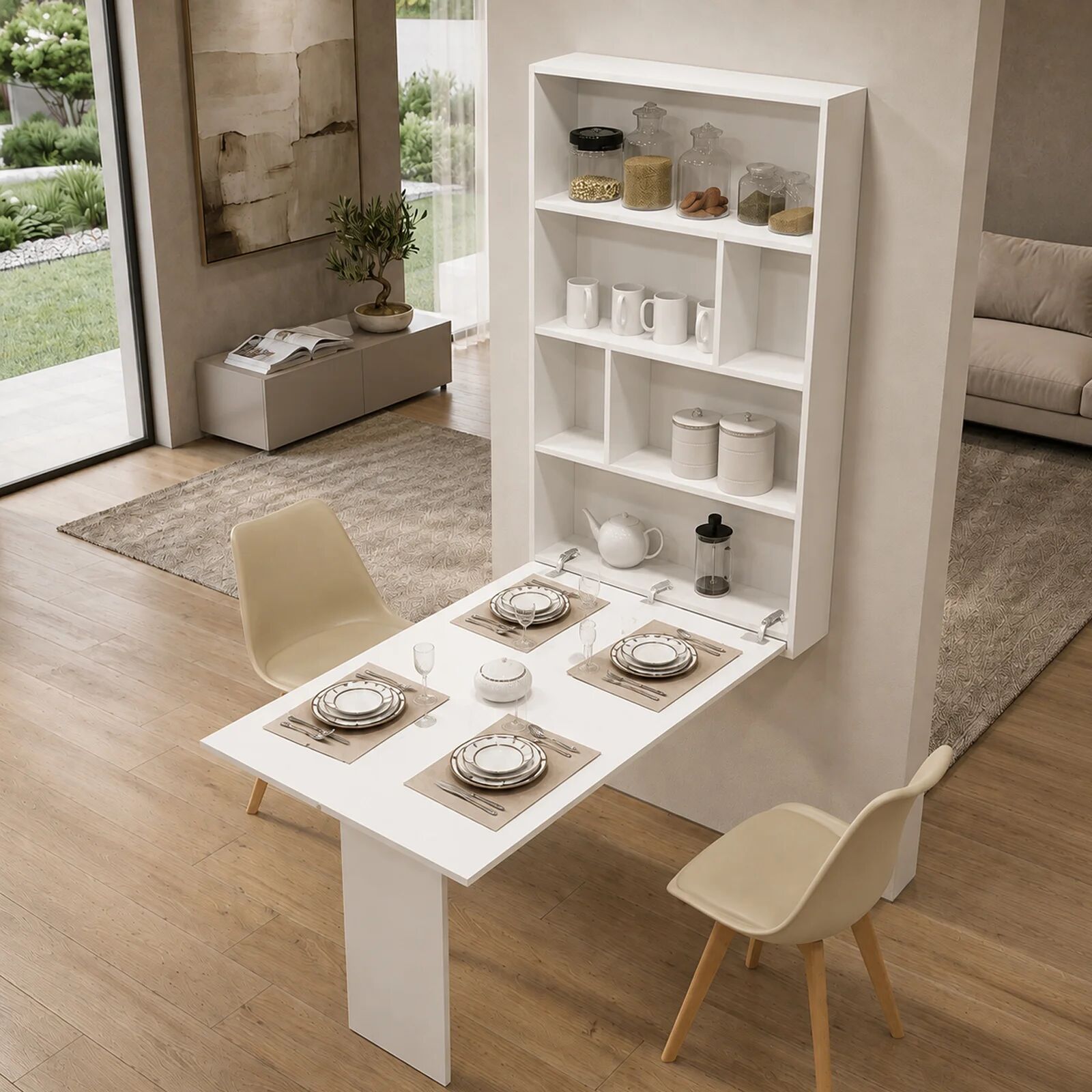 garneroarredamenti Tavolo da muro pieghevole 135x203cm a scomparsa con scaffale bianco Hope