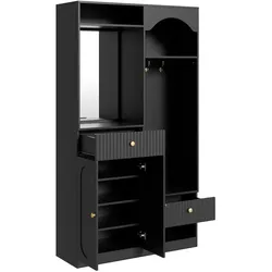 MODFU Kompaktgarderobe MDF Schwarz mit Spiegel, Sitzbank, Stauraum und LED-Beleuchtung